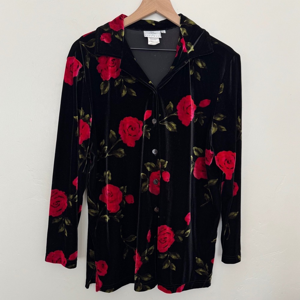 Hot Cotton by Marc Ware Vintage Black Velvet Red Rose Floral Button Down Shirt L